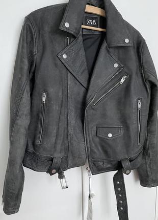 Кожаная куртка косуха zara в винтажном стиле 100% натуральная кожа4 фото