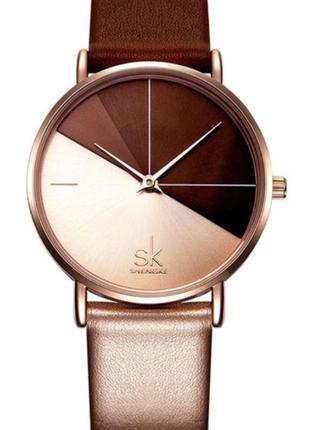 Брендовые женские часы shengke duos brown, с кварцевым механизмом shengke duos brown, минималистечком стиле.1 фото
