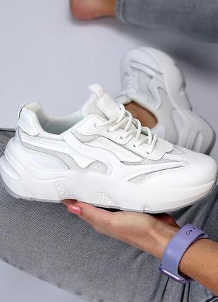 Комфортные белые миксовые кожаные дышащие кроссовки 207844 фото