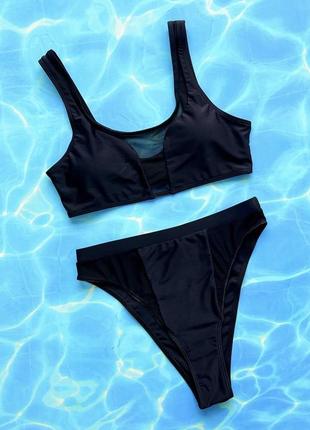 Женский раздельный купальник с завышенными плавками и топом с сеткой effect черный5 фото