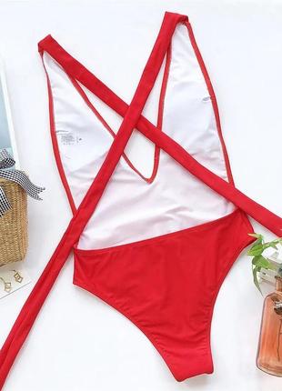 Женский совместный купальник со шнуровкой вокруг талии и глубоким вырезом lucky style красный7 фото