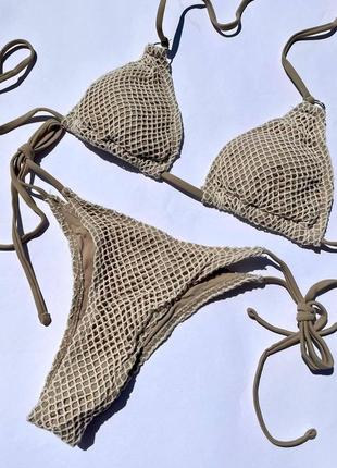 Женский раздельный купальник бикини с сеткой на завязках honey бежевый5 фото