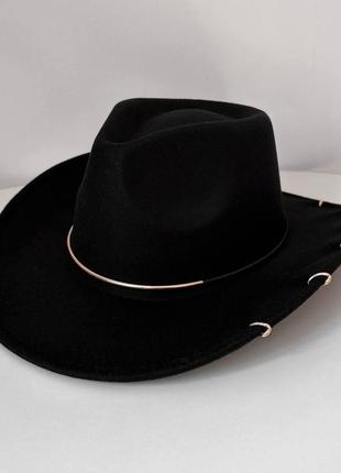 Капелюх федора ковбойка унісекс зі стійкими крисами, пірсингом і металевим декором чорна2 фото