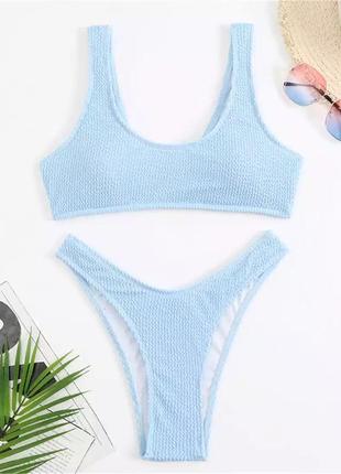 Женский раздельный жатый купальник с топом на широких бретелях bikini голубой4 фото