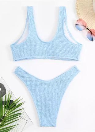 Женский раздельный жатый купальник с топом на широких бретелях bikini голубой5 фото