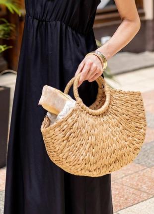 Жіноча літня солом'яна сумка кошик з круглими ручками кава з молоком3 фото