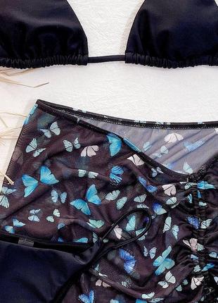 Женский раздельный купальник тройка с юбкой butterfly черный7 фото