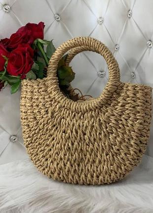 Женская маленькая летняя плетеная сумка с длинной ручкой mini кофе с молоком