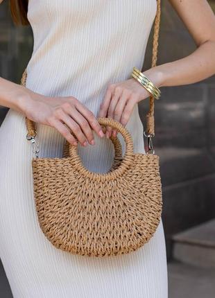 Жіноча маленька літня плетена сумка з довгою ручкою mini кава з молоком2 фото