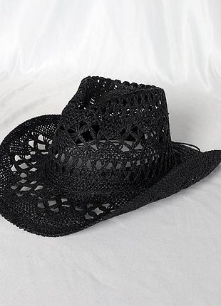 Летняя плетеная шляпа федора ковбойка с узорами черная