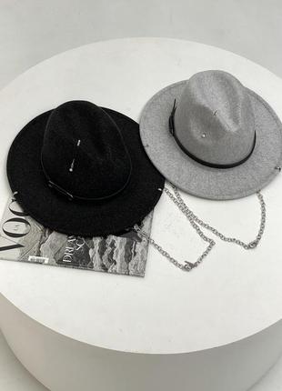 Шерстяная шляпа федора с ремешком, пирсингом, цепочкой wool sia серая10 фото