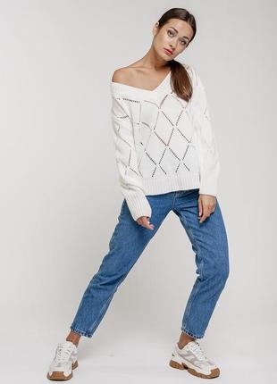 Ажурный вязаный пуловер с ромбами4 фото