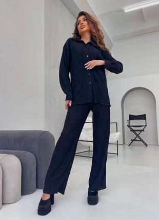 Женский костюм брюки + рубашка oversize, турецкая жатка ( очень стильная в этом сезоне), чорный и белый4 фото