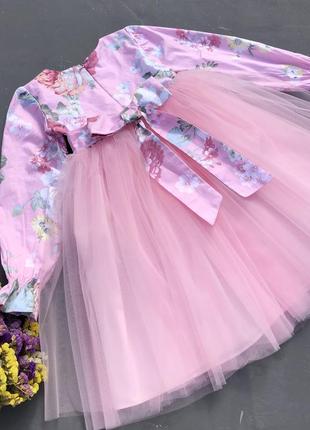 Святкова сукня пишний фатін і принт рожеві квіти4 фото