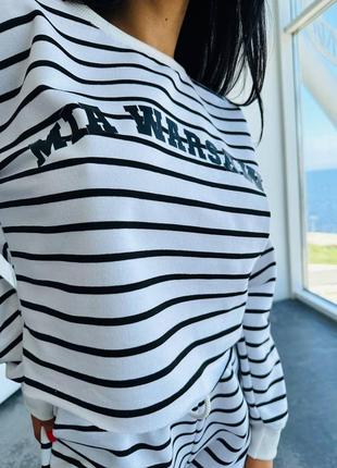 Костюм (футболка +шортики) жіночий спортивний повсякденний трикотажний петля в смужку смужчатий чорно-білий6 фото