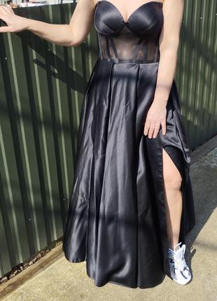Выпускное корсетное платье с распоркой, черное блестящее платье, корсет