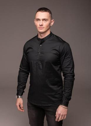 Черная мужская рубашка с длинным рукавом, воротник стойка2 фото