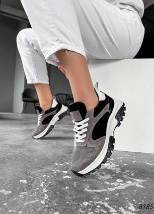 Кроссовки женские riko серые + черные + белая натуральная замша/кожа