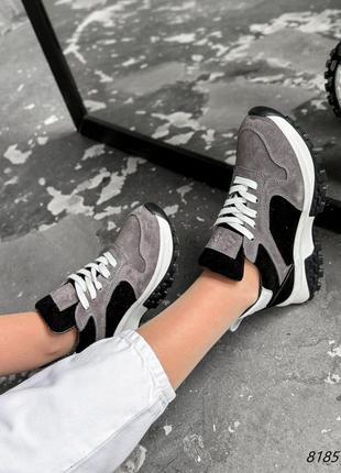 Кроссовки женские riko серые + черные + белая натуральная замша/кожа