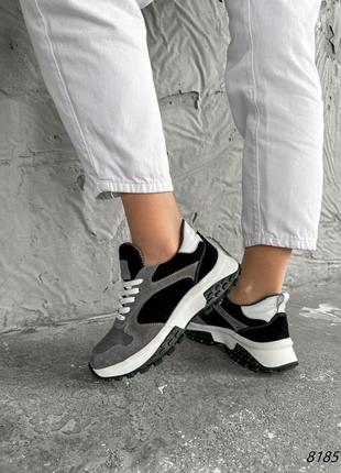 Кроссовки женские riko серые + черные + белая натуральная замша/кожа