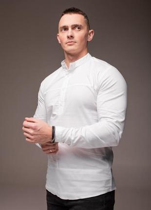 Белая мужская рубашка воротничок стойка, длинный рукав5 фото
