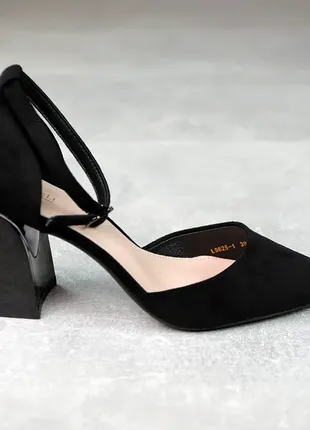 Классические черные женские туфли на высоком каблуке, с острым носком, весенние,осенни, замшевые (экозамша)