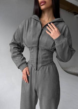 Сірий графіт жіночий прогулянковий костюм штани вкорочена кофта з імітацією корсету замшевий жіночий замшевий повсякденний костюм4 фото
