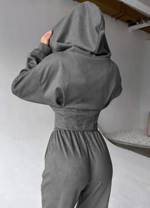 Серый графит женский прогулочный костюм штаны укороченная кофта с имитацией корсета замшевый женский замшевый повседневный костюм5 фото