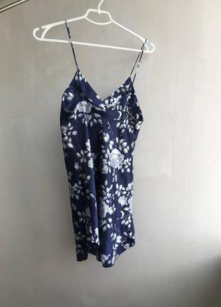 Пенюар  нічна сорочка сукня в білизняному стилі синя сукня з квітами атласна шовкова білизна2 фото