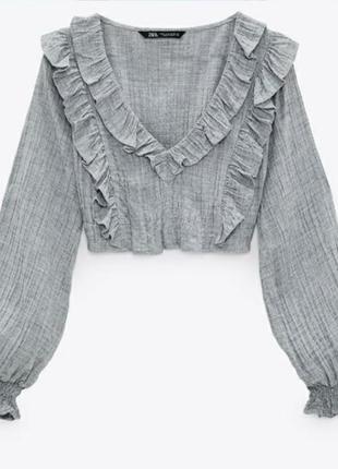 Укороченная блуза zara, блузка с длинным объемным рукавом, р. м