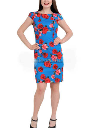 Котоновое платье футляр с розами1 фото
