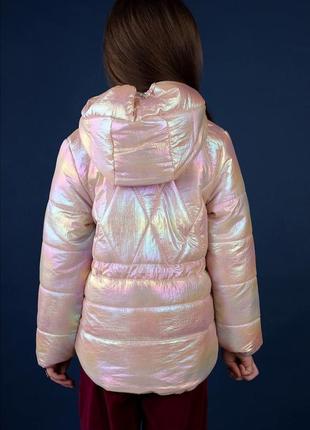 Куртка демисезонная детская для девочки розовая перламутровая хамелеон с капюшоном 104р 122р деми3 фото