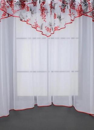 Гардина арка на кухню (270х170см). колір червоний з білим1 фото