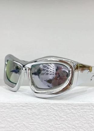 Серебряные очки цвет синие трендовые женские мужские солнцезащитные стильные  y2k prada versace yvl