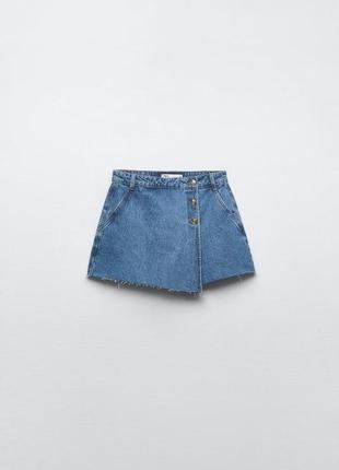 Синяя джинсовая юбка-шорты zara z1975 на запáхе с пуговицами шортики зара скорт1 фото