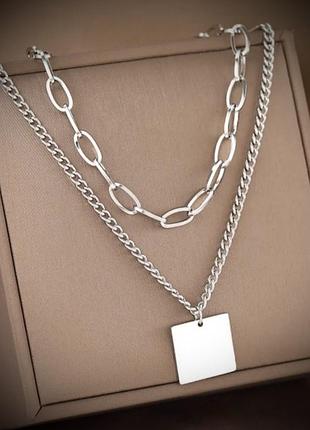 Кольє з квадратом із медичної сталі нержавійка подвійний ланцюжок на шию масивне намисто купити кольє медзолото медичний сплав