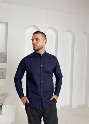 Льняная мужская рубашка с длинным рукавом, воротничок - стойка