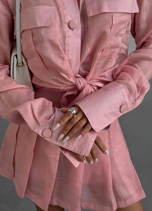 Преміальний костюм двійка з натурального льону спідниця+сорочка в рожевому кольору xs s m l 42 44 46