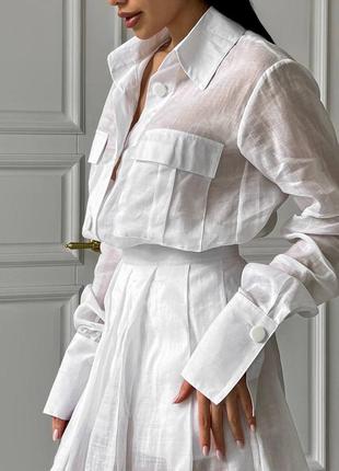 Ексклюзивний білий костюм з льону сорочка+спідниця міні xs s m l 42 44 46
