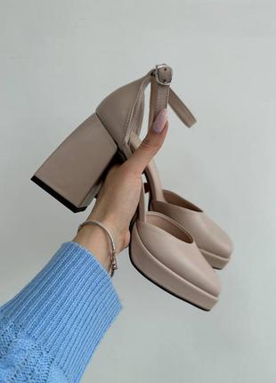 Туфли женские кожаные, на каблуке, натуральная кожа, бежевые