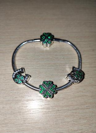 Браслет пандора "конюшина"🍀 с шармом на выбор, 925°
