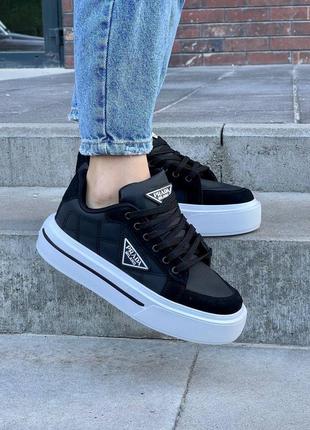Женские кроссовки в стиле prada macro re-nylon brushed leather sneakers ‘black’ not lux6 фото