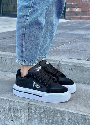 Жіночі кросівки у стилі prada macro re-nylon brushed leather sneakers ‘black’ not lux