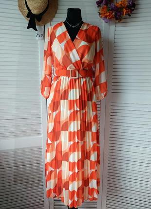 Платье миди длинное плиссированное плиссе оранжевое с принтом italy 🇮🇹2 фото