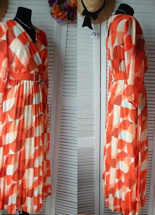 Платье миди длинное плиссированное плиссе оранжевое с принтом italy 🇮🇹4 фото