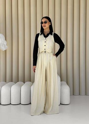 Костюм-двійка жіночий, брючний, жилетка, штани-палацо, у тонку смужку, бежевий