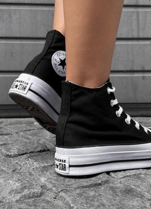 Крутые женские высокие кеды converse all star hi black white platform чёрные6 фото