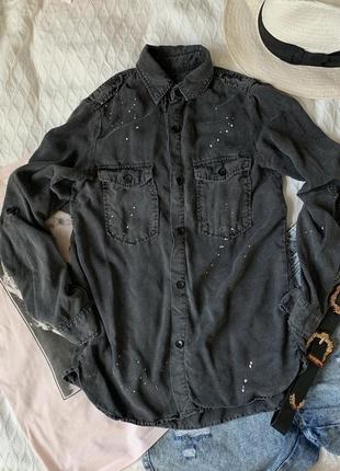 Чёрная джинсовая оверсайз рубашка от зара размер хс