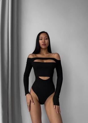 Чорний базовий боді в рубчик 💕 жіночий боді з розрізами 💕 чорний боді з відкритими плечима 🌸