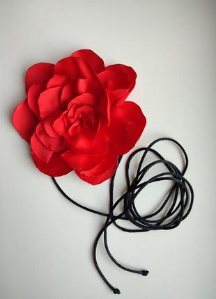 Чокер шнурок с цветком, роза, роза, красный, черный, тренд, лето, весна, на шею, для нее, яркий1 фото